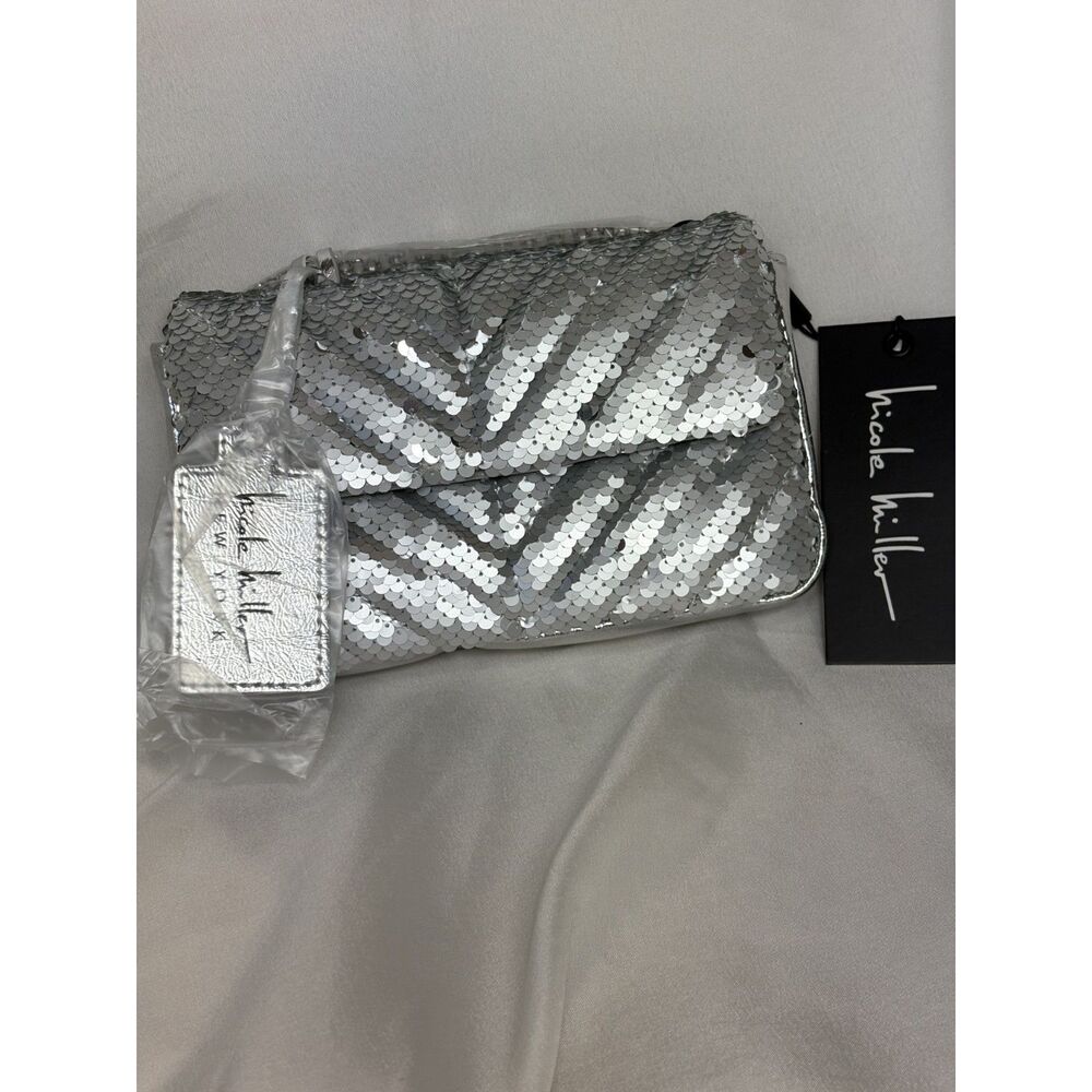 NWT Nicole Miller Silver Sequin Crossbody Clutch Evening Party Bag
